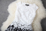 BLACK AND WHITE CONTRAST COLOR LEAF BUD SILK DRESS A-LINE SKIRT DRESS