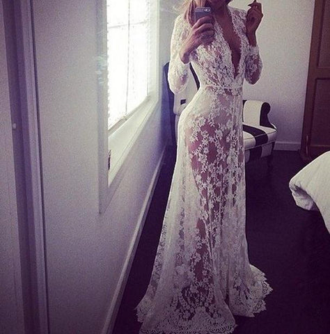 EMBROIDERY LACE DEEP V-NECK TRANSLUCENT LONG DRESS