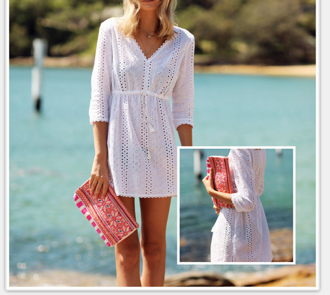 CUTE COLLECT WAIST DEEP V HOLIDAY BEACH DRESS WHITE DRESS