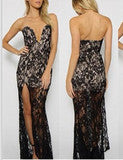 CUTE V LACE SHOW BODY LONG DRESS